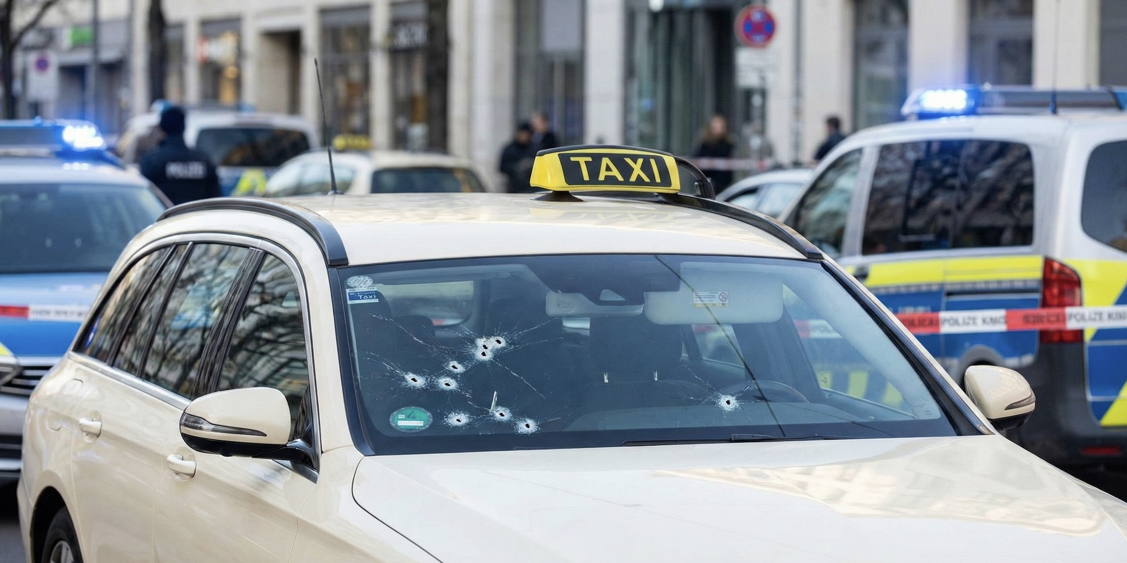 Ostrzelana taksówka z widocznymi śladami po kulach, którą zniszczyła strzelanina w Düsseldorfie.