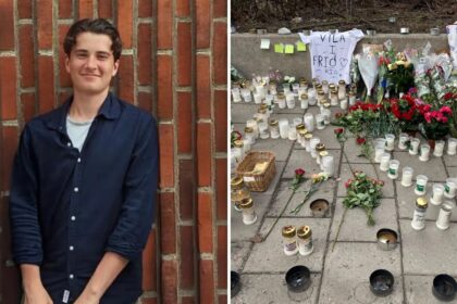 Znicze i kwiaty w dzielnicy Fruängen, upamiętniające morderstwo 16-latka w Szwecji.