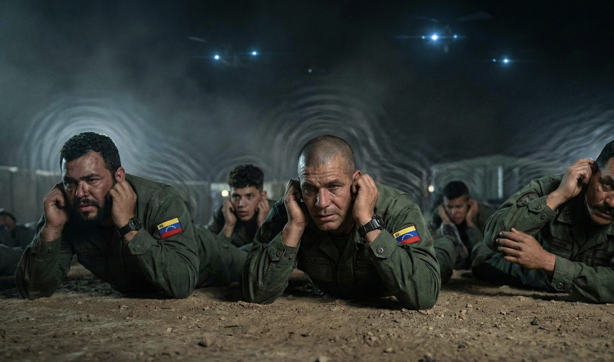 Żołnierze padający na ziemię, ilustrujący efekt jaki wywołuje tajna broń USA.