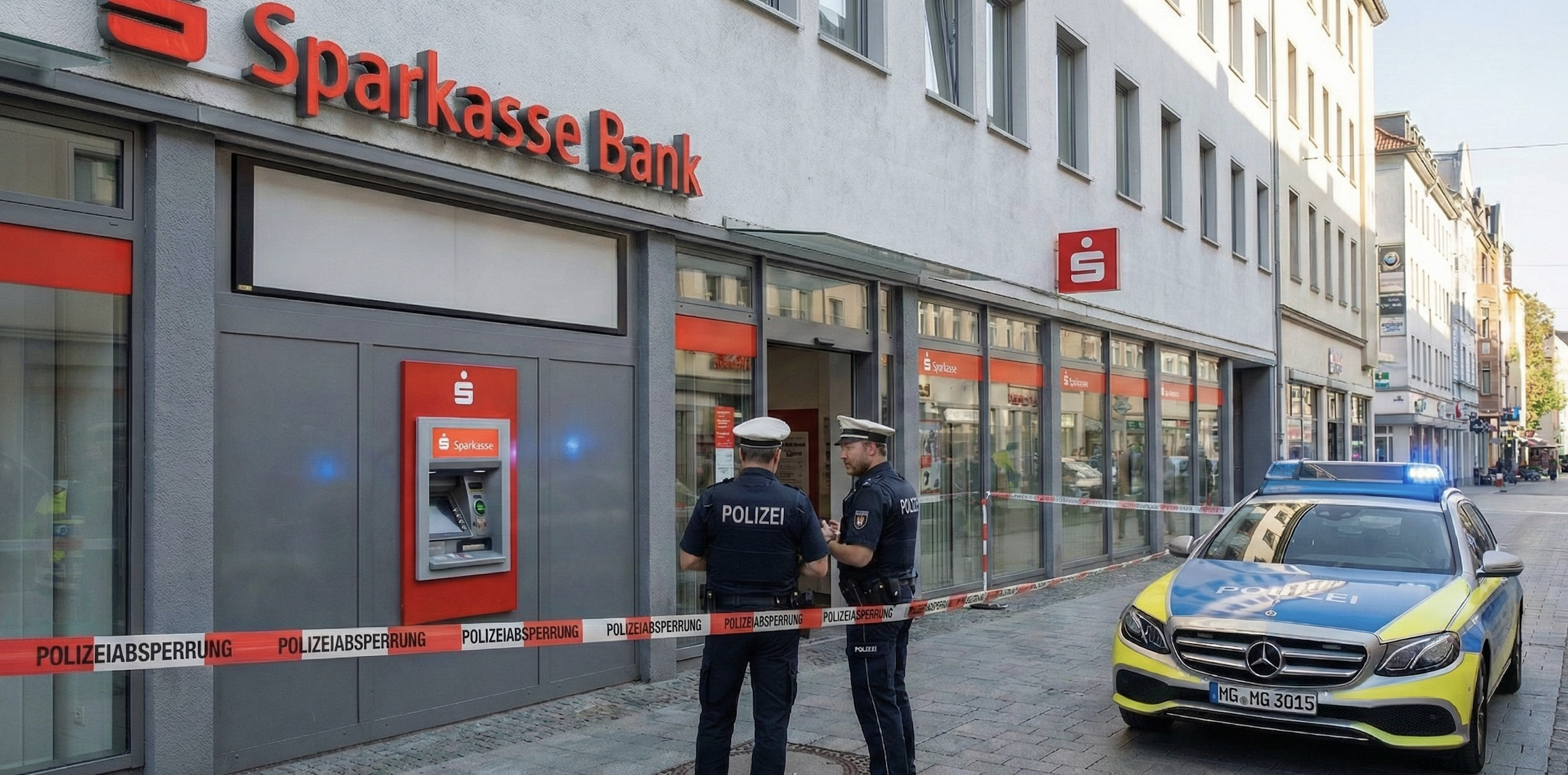 Policyjna taśma zabezpieczająca wejście do oddziału Sparkasse w Halle, gdzie trwa plaga napadów na banki w Niemczech.