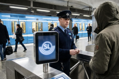 Strażnik w mundurze SL stojący przy bramkach biletowych, gdzie ukryta jest kokaina w sztokholmskim metrze.