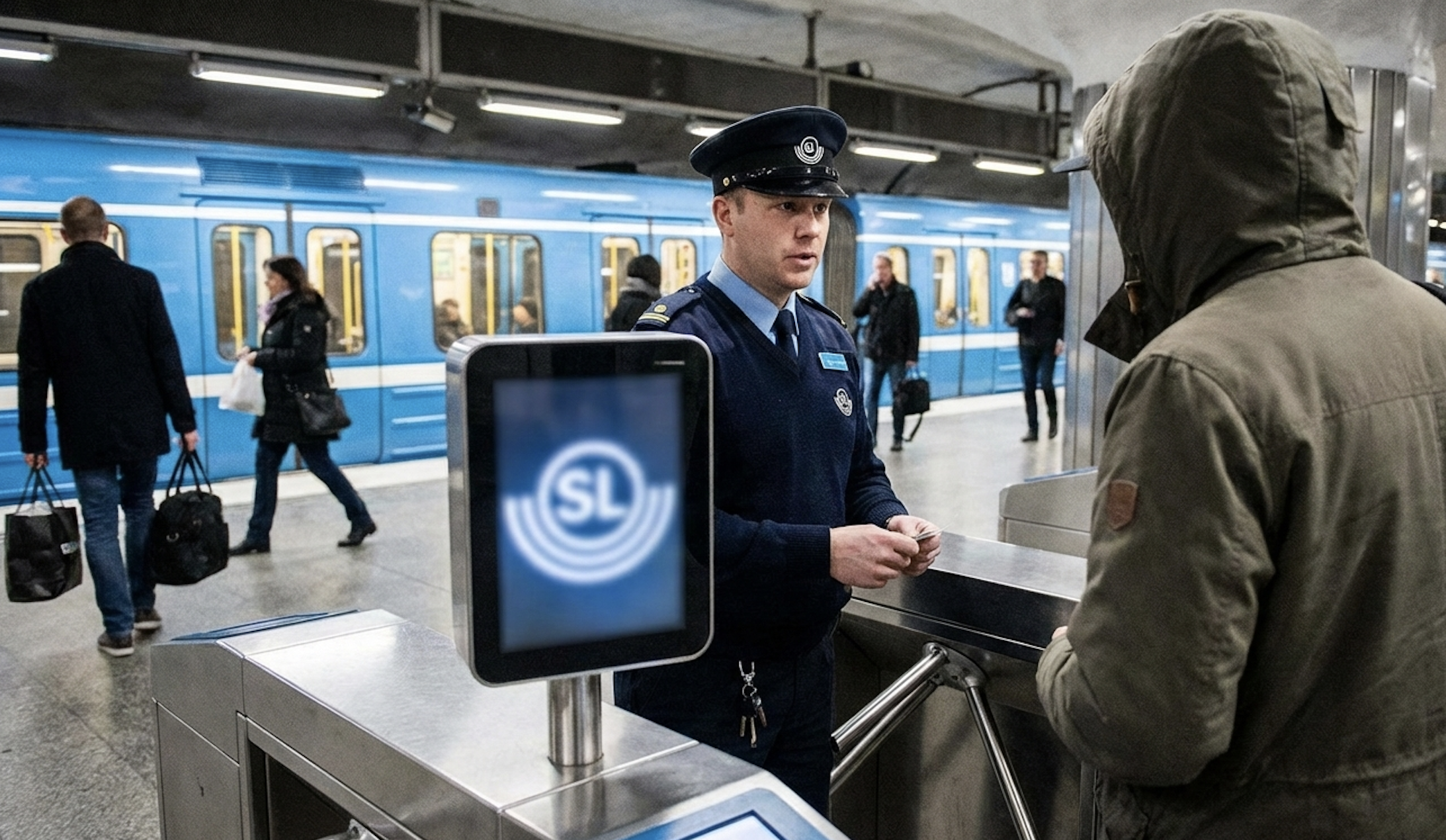 Strażnik w mundurze SL stojący przy bramkach biletowych, gdzie ukryta jest kokaina w sztokholmskim metrze.