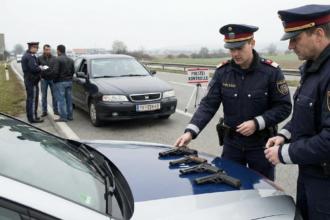 Policja kontroluje samochód i znajduje pistolety – nielegalna broń w Austrii.