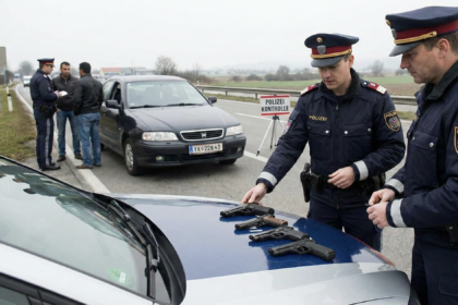 Policja kontroluje samochód i znajduje pistolety – nielegalna broń w Austrii.