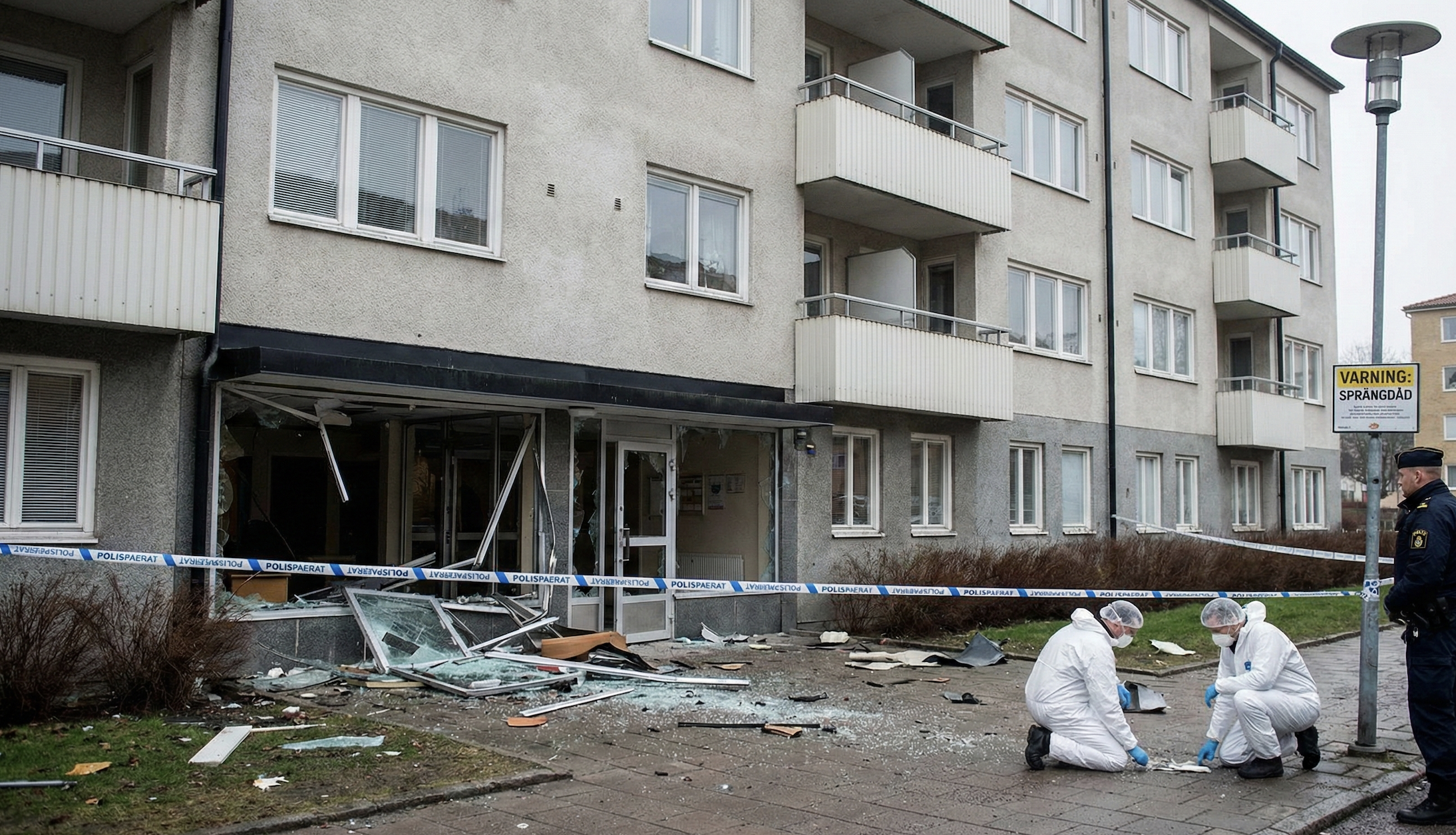 Zniszczona klatka schodowa w szwedzkim bloku po wybuchu bomby.
