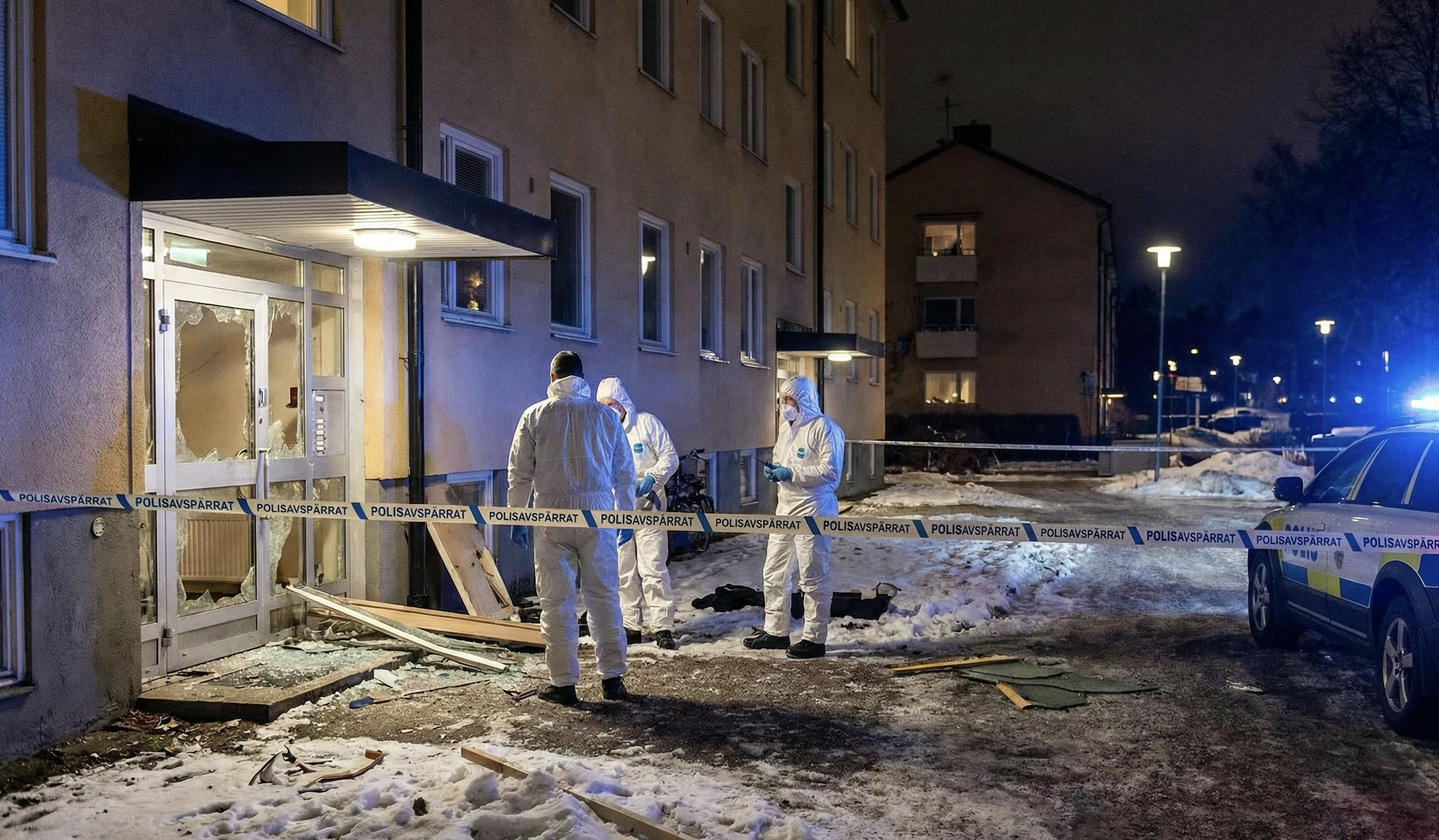 Policyjni technicy zabezpieczający ślady po detonacji ładunku, co obrazuje wybuchy w Szwecji.