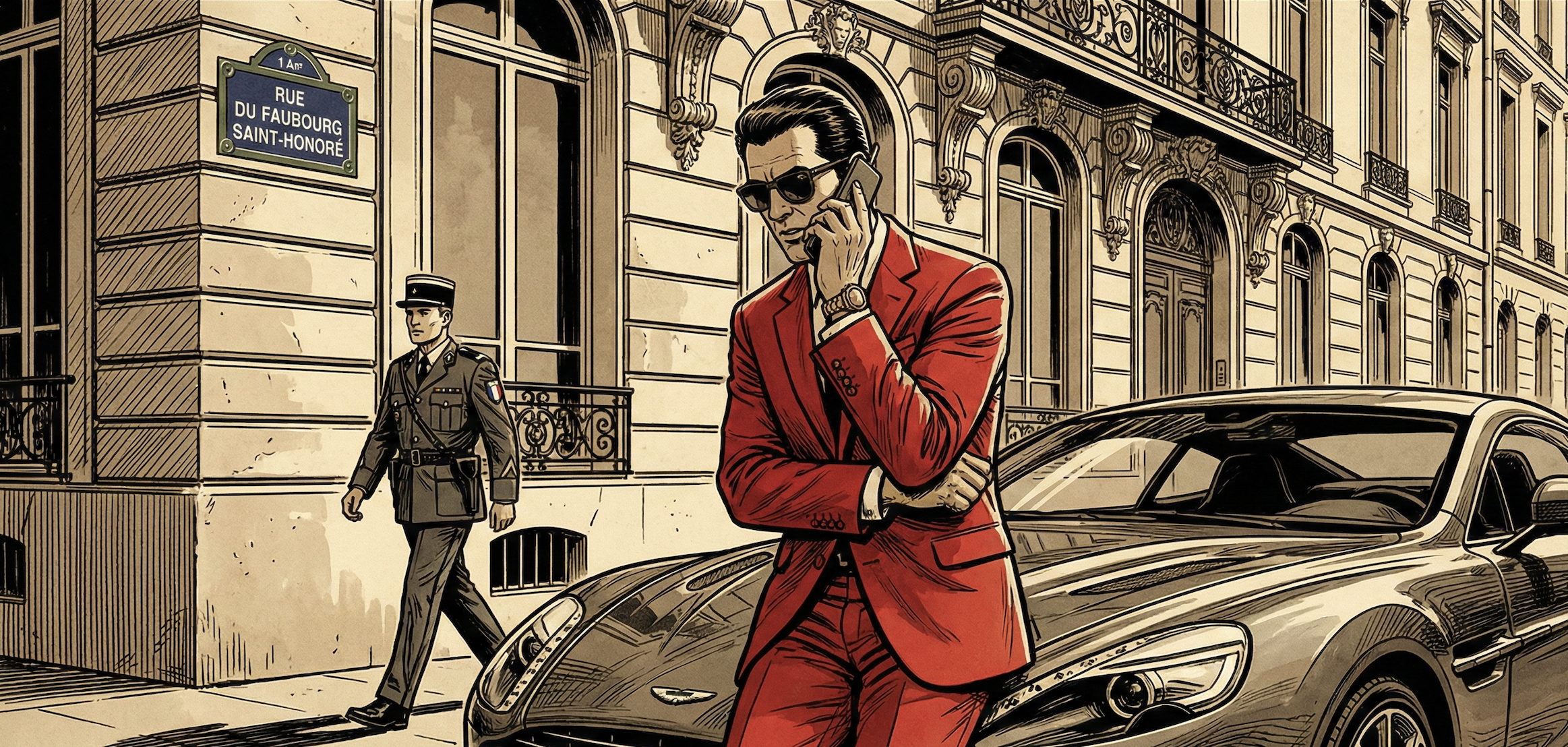 Baron narkotykowy Firat Cinko na tle Pałacu Elizejskiego w Paryżu.