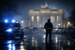 Niemiecki policjant na tle radiowozu a wzrost przestępczości w Berlinie