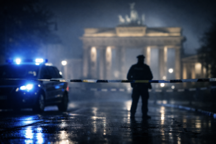 Niemiecki policjant na tle radiowozu a wzrost przestępczości w Berlinie