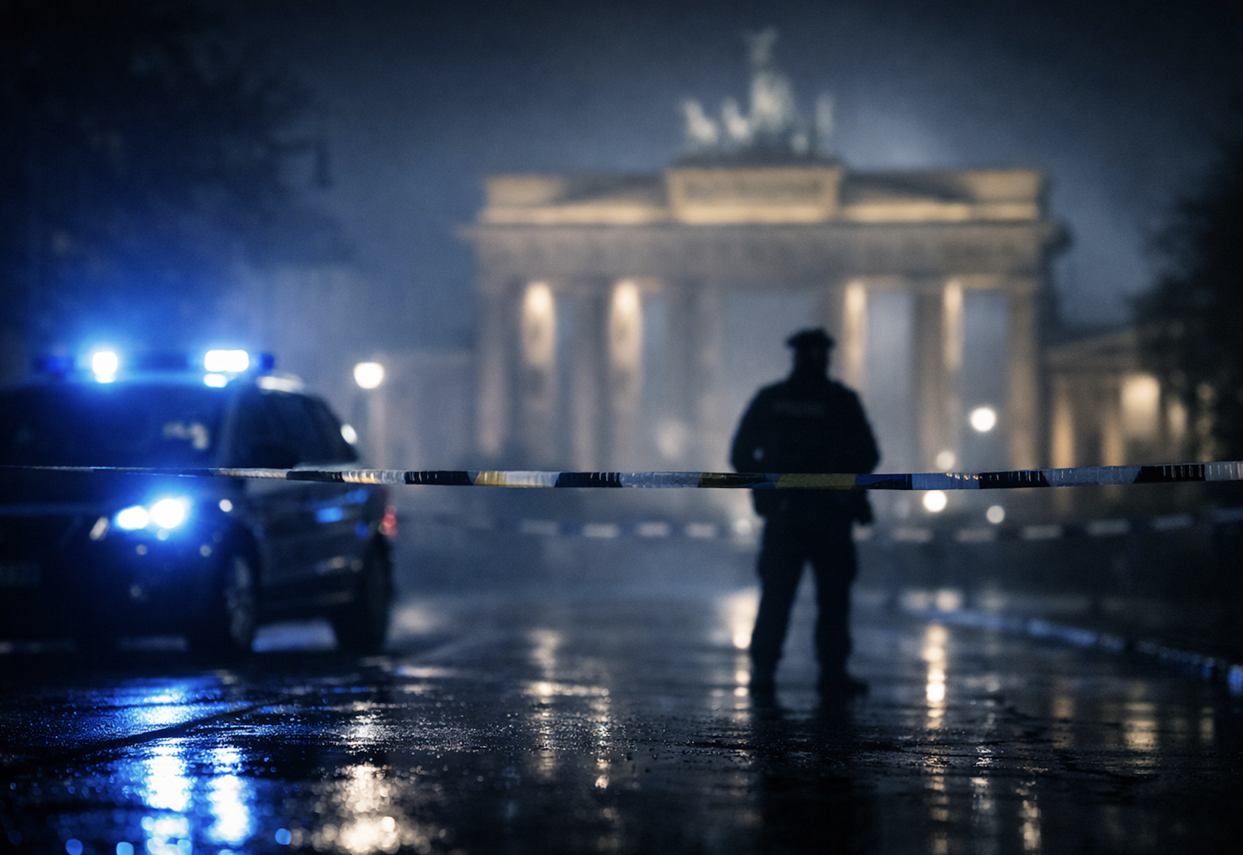 Niemiecki policjant na tle radiowozu a wzrost przestępczości w Berlinie