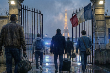 Zakapturzone postacie wychodzące z bramy więzienia we Francji na tle Wieży Eiffla w deszczową noc.
