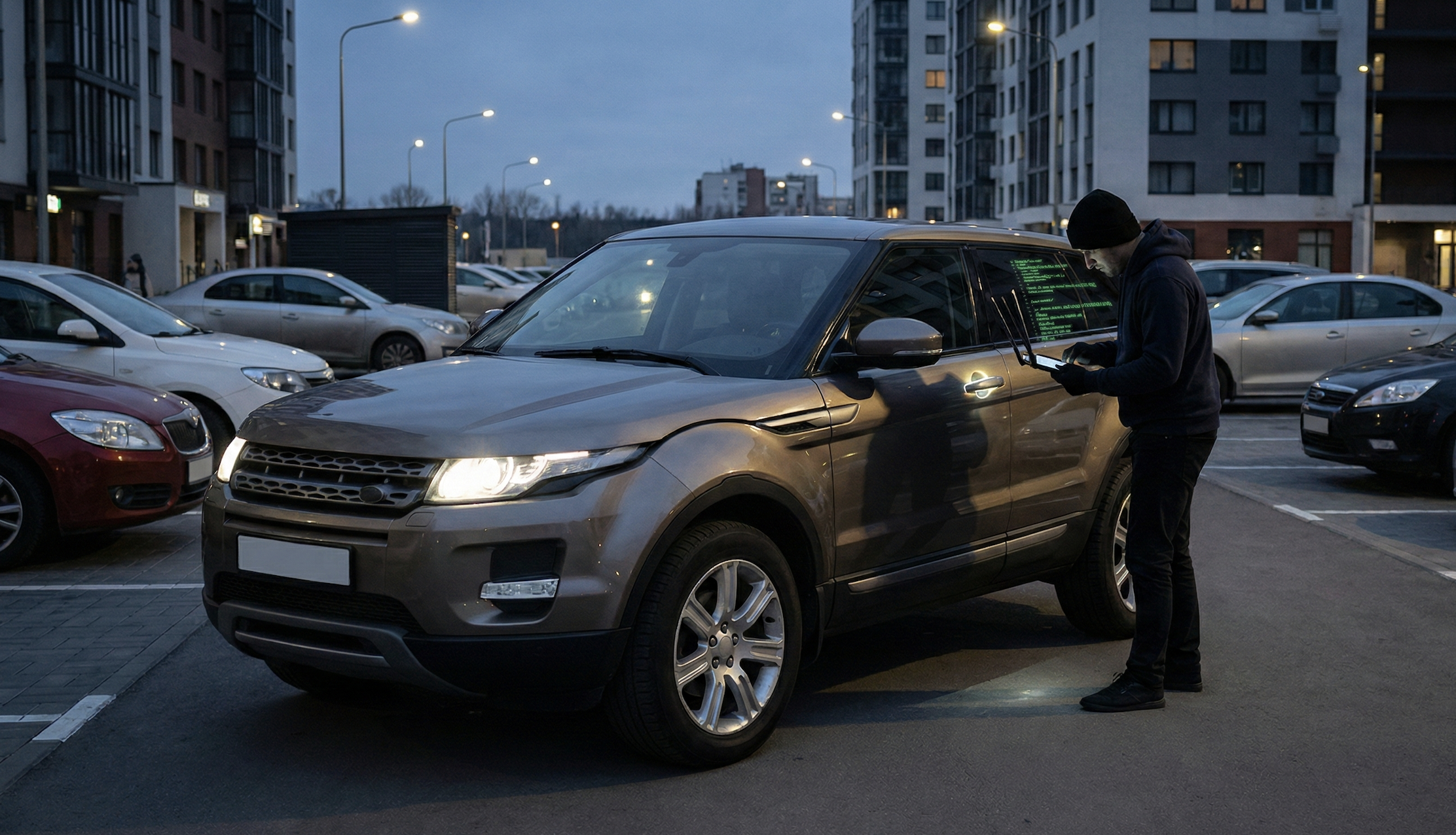 Złodziej dokonujący cyfrowej kradzieży auta na parkingu.