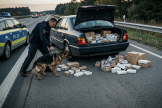 Funkcjonariusz niemieckiej policji z psem służbowym rasy owczarek niemiecki przeprowadza kontrolę bagażnika ciemnego sedana zaparkowanego na poboczu autostrady, w bagażniku i wokół pojazdu widać paczki i pakiety.