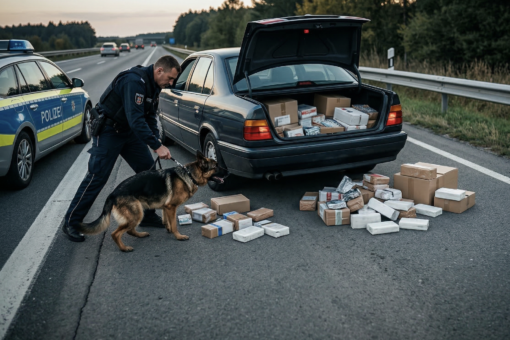 Funkcjonariusz niemieckiej policji z psem służbowym rasy owczarek niemiecki przeprowadza kontrolę bagażnika ciemnego sedana zaparkowanego na poboczu autostrady, w bagażniku i wokół pojazdu widać paczki i pakiety.
