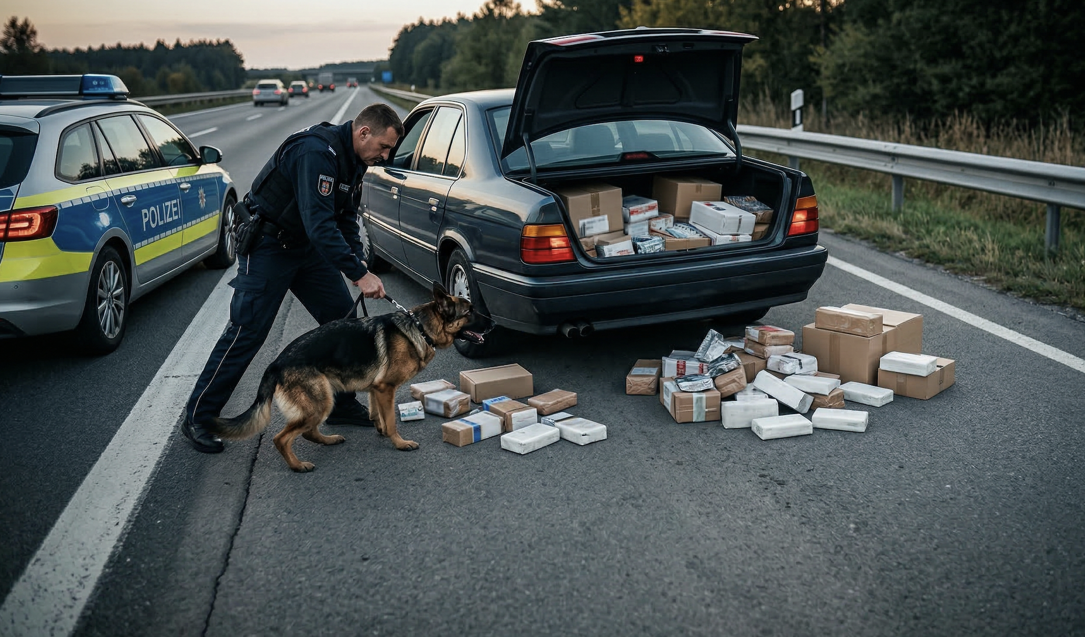 Funkcjonariusz niemieckiej policji z psem służbowym rasy owczarek niemiecki przeprowadza kontrolę bagażnika ciemnego sedana zaparkowanego na poboczu autostrady, w bagażniku i wokół pojazdu widać paczki i pakiety.
