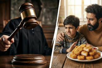 Ilustracja przedstawiająca sędziowski młotek i talerz nuggetsów, temat wpisu to kontrowersyjna deportacja przestępcy