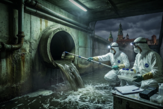 Naukowcy w kombinezonach ochronnych pobierający próbki ścieków z rury kanalizacyjnej w Krakowie