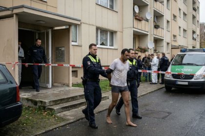 Zbrodnia w Chemnitz - policyjny radiowóz przed blokiem mieszkalnym