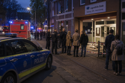45-latek kupił pistolet tydzień przed zamachem i zastrzelił 6 osób w ośrodku w Stade. Tło: spór o opiekę nad niemowlęciem i oskarżenia o Shaken Baby Syndrome. Policja i przypadkowi ludzie na miejscu zbrodnii.