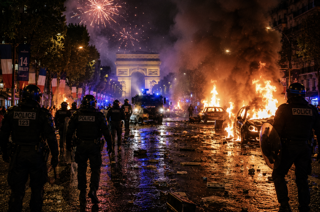 14 lipca 2026-533 zatrzymania, 701 spalonych aut i 20 rannych policjantów.