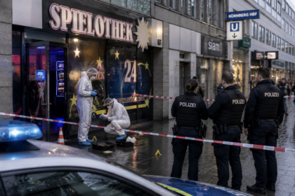Policja stojąca przed kasynem w którym doszło do morderstwa