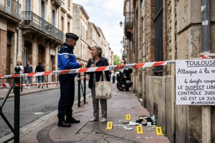 Starsza kobieta rozmawiająca z policjantem [Zdjęcie wygenerowane w AI]