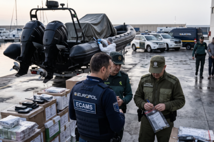 Guardia Europol oraz Straż graniczna przy przechwyconych narkotykach [Zdjęcie wygenerowane w AI]