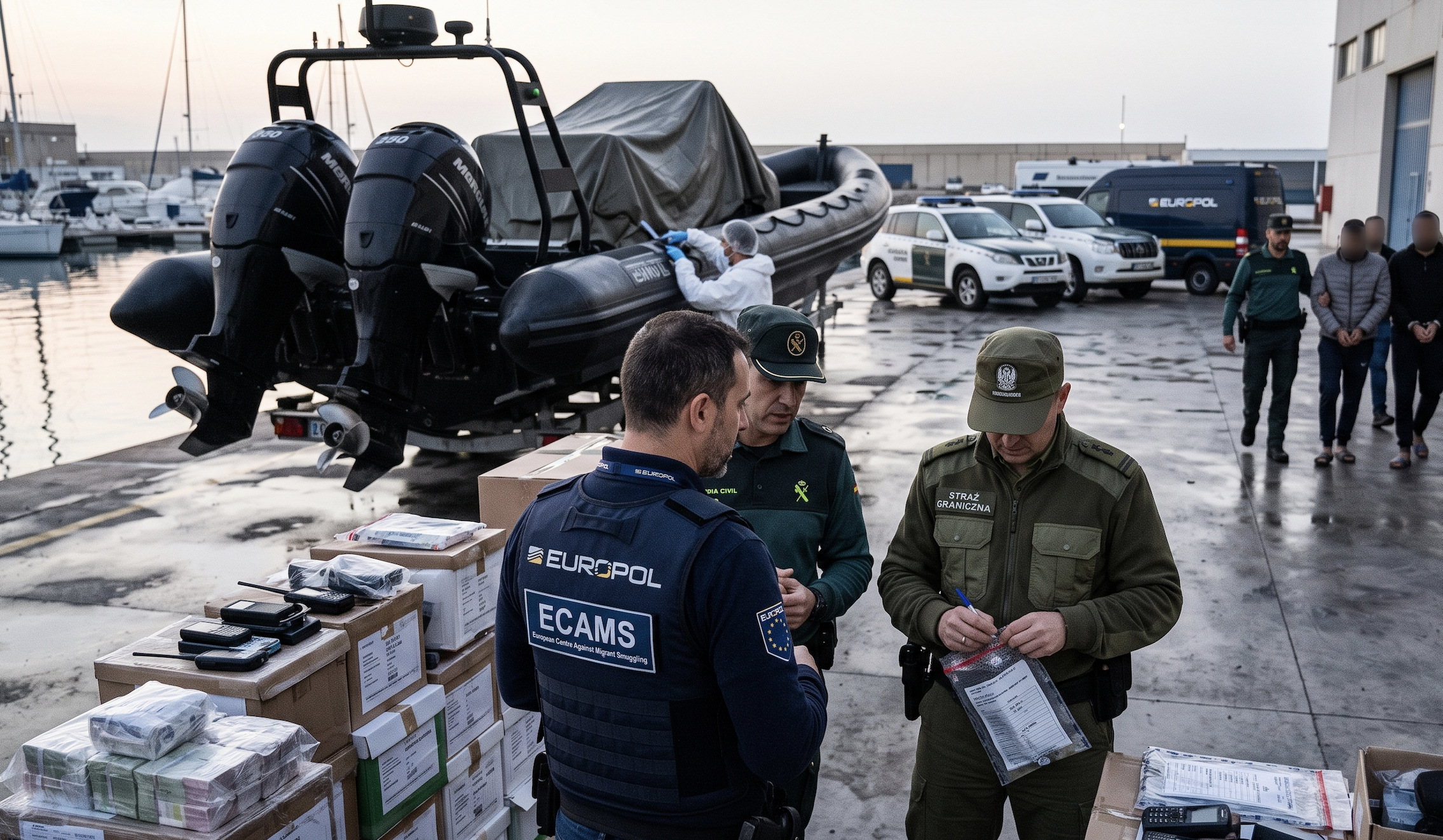 Guardia Europol oraz Straż graniczna przy przechwyconych narkotykach [Zdjęcie wygenerowane w AI]
