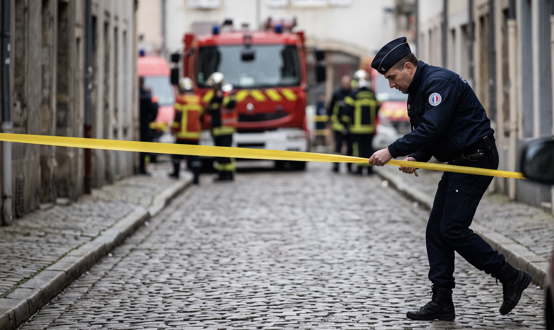 Policjant zabezpieczający ulicę taśmą [Zdjęcie wygenerowane w AI]