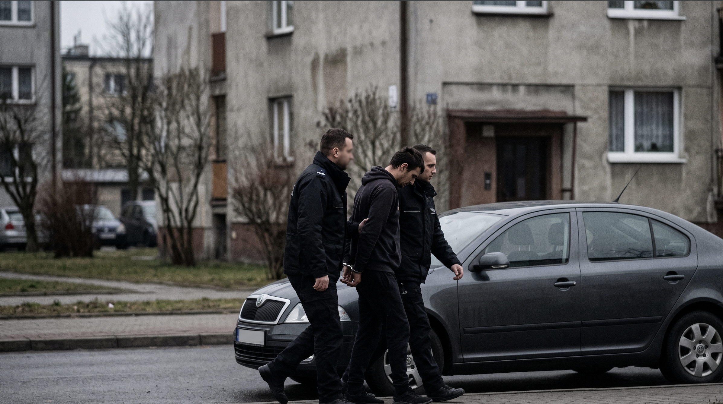 Policja prowadząca zatrzymanego Bułgara [Zdjęcie wygenerowane w AI]