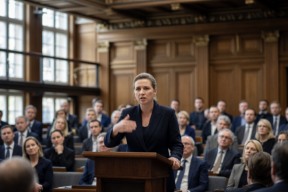 Duńska premier na mównicy [Zdjęcie wygenerowane w AI]