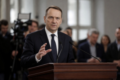 Radosław Sikorski podczas wypowiedz [Zdjęcie wygenerowane w AI]