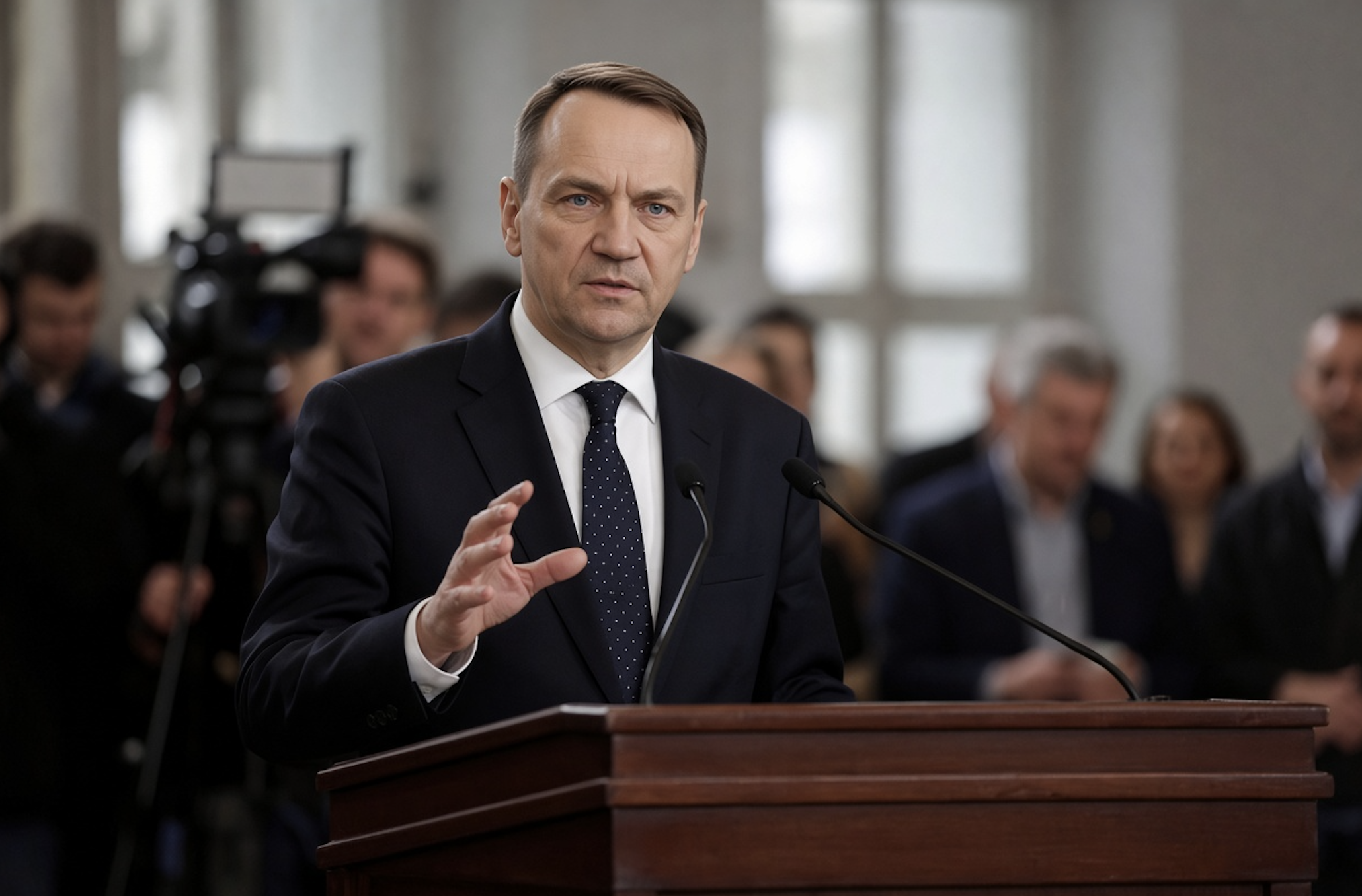 Radosław Sikorski podczas wypowiedz [Zdjęcie wygenerowane w AI]