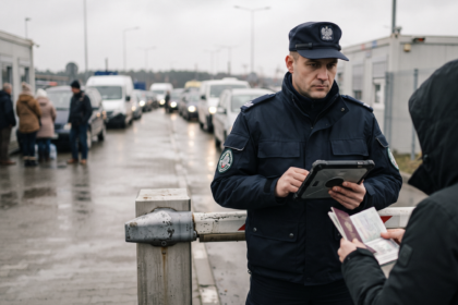 Polski Strażnik sprawdzający paszporty na granicy[ Zdjęcie wygenerowane w AI]