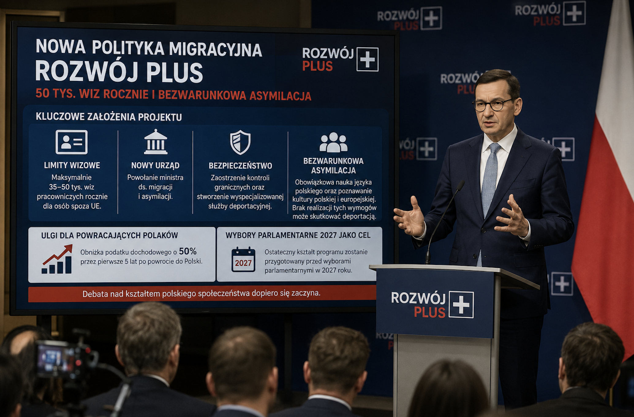 Mateusz Morawiecki przedstawiający swój program wyborczy [Zdjęcie wygenerowane w AI]