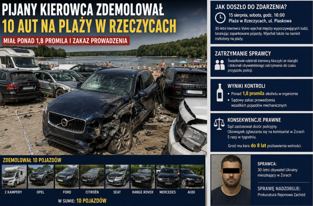 Pijany kierowca wjechał na plażę w Rzeczycach i uszkodził 10 aut.