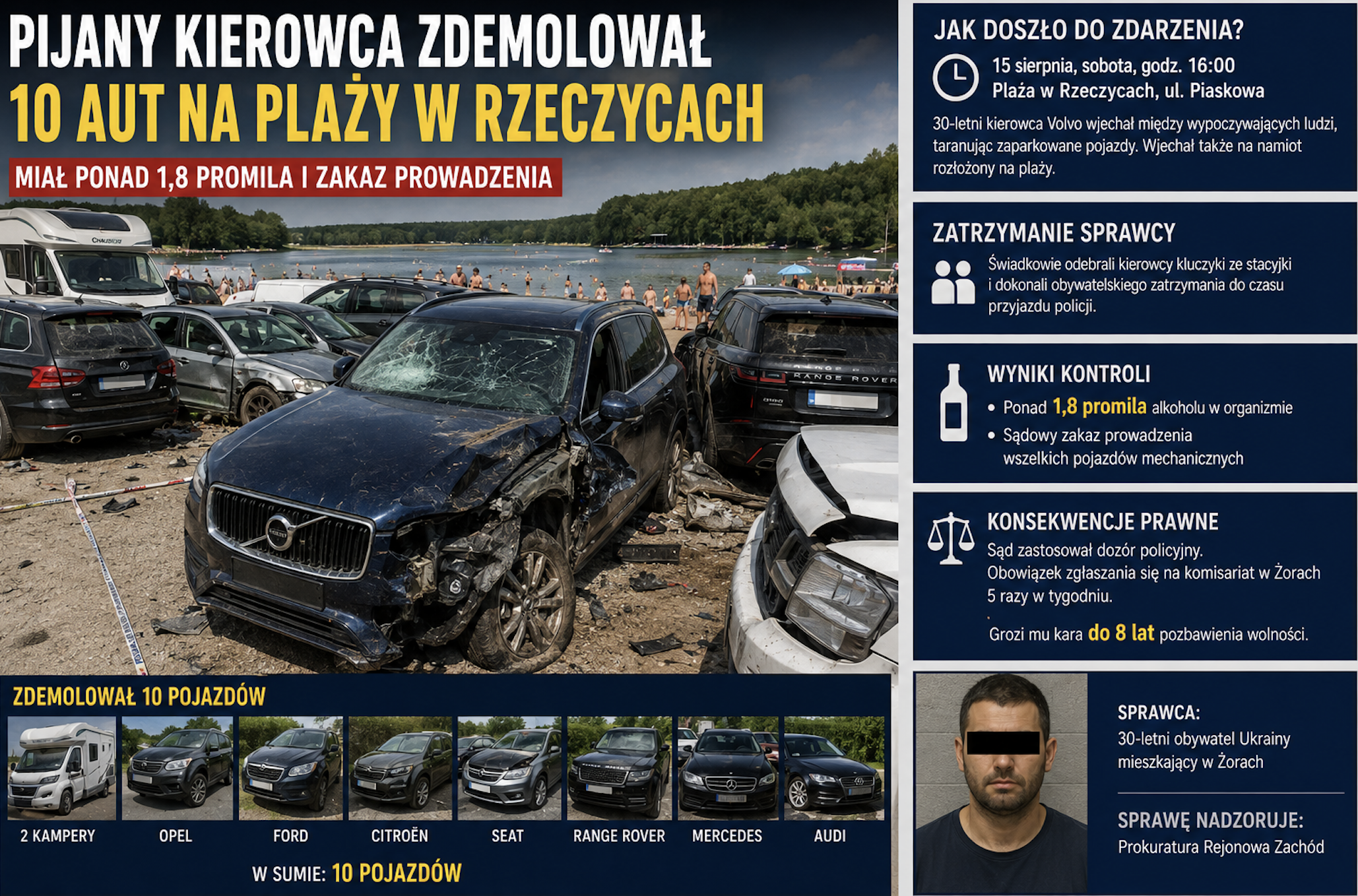Pijany kierowca wjechał na plażę w Rzeczycach i uszkodził 10 aut.