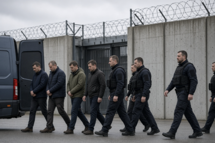 Więźniowie prowadzeni przez strażników [Zdjęcie wygenerowane w AI]
