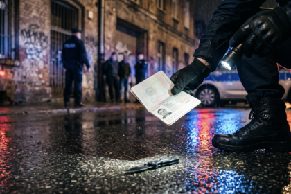 Policjant podnoszący paszport z ulicy [zdjęcie wygenerowane w AI]