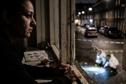 Kobieta patrząca przez okno na zniszczone przedszkole [Zdjęcie wygenerowane w AI]