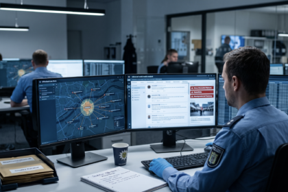 Informatyk policyjny przeglądający internet [Zdjęcie wygenerowane w AI]