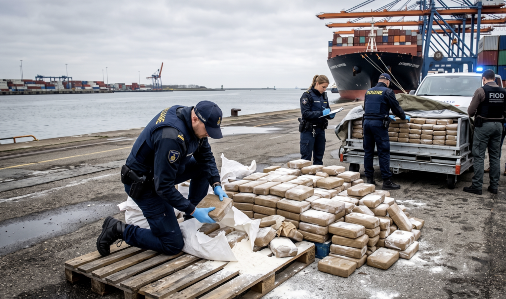 Przejęcie kokainy w Amsterdamie. 800 kg nielegalnego ładunku miało trafić z Afryki Zachodniej do Antwerpii.